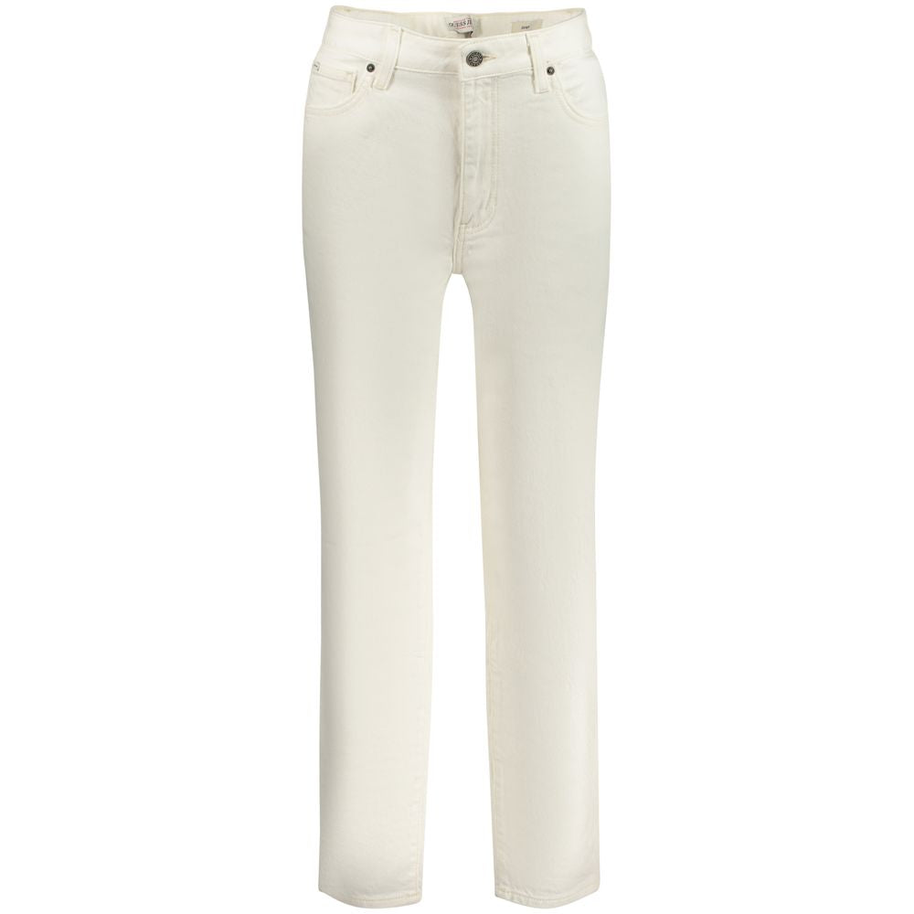 Guess white cotton women's mom jeans with high waist and relaxed taper ankle length for fashion-forward streetwear.