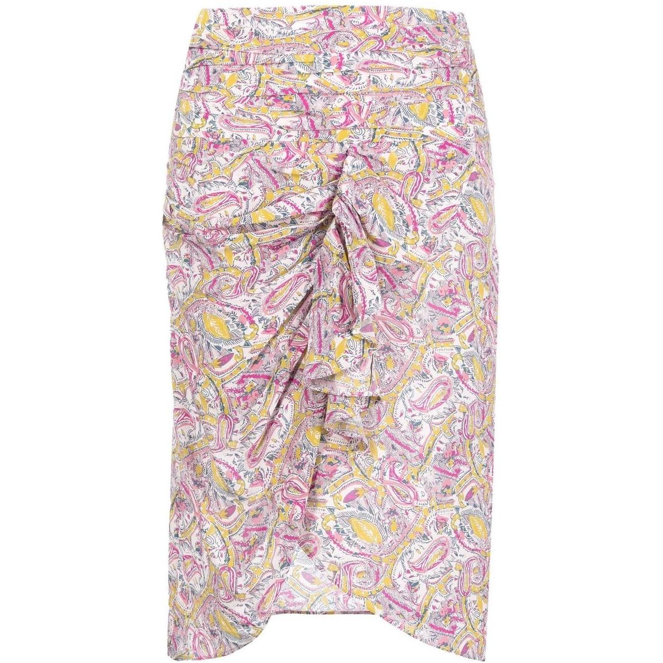 Iro beige graphic-print silk knee-length skirt with ruching and draped details in ecru and pink.
