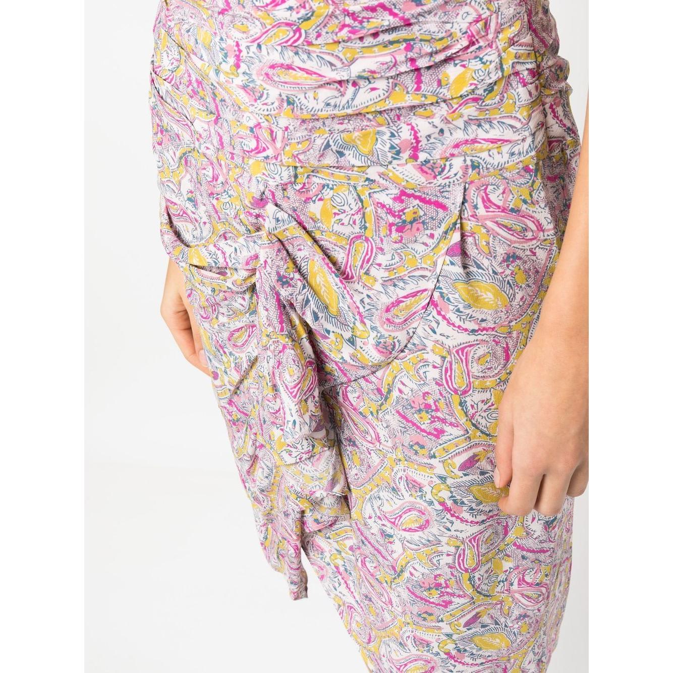 Close-up of IRO graphic-print knee-length skirt in pink and ecru with draped and ruched detailing