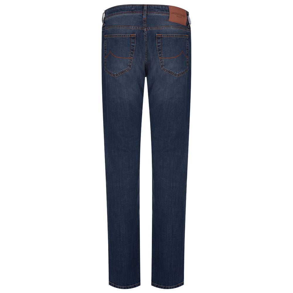 Jacob Cohën Bard blue cotton jeans with orange stitching, five pockets, and brown leather patch, back view.