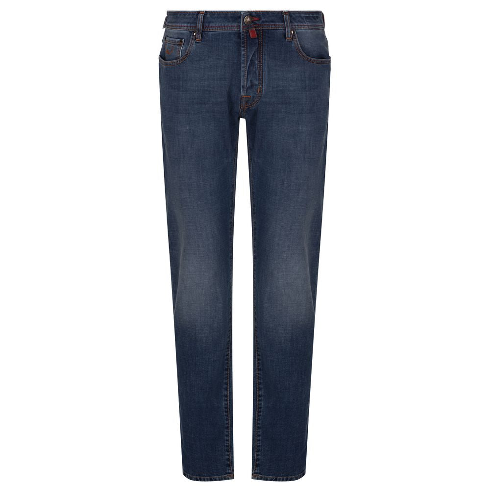 Jacob Cohen blue cotton jeans with orange stitching, slim fit, five pockets, button closure, and brown leather patch.