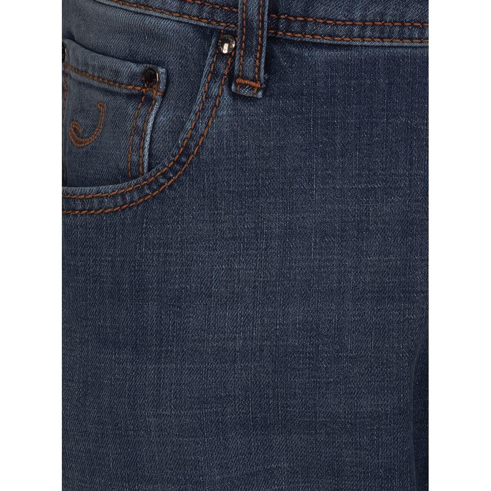 Close-up of Jacob Cohen blue cotton jeans with orange stitching, showcasing five-pocket design and button closure.