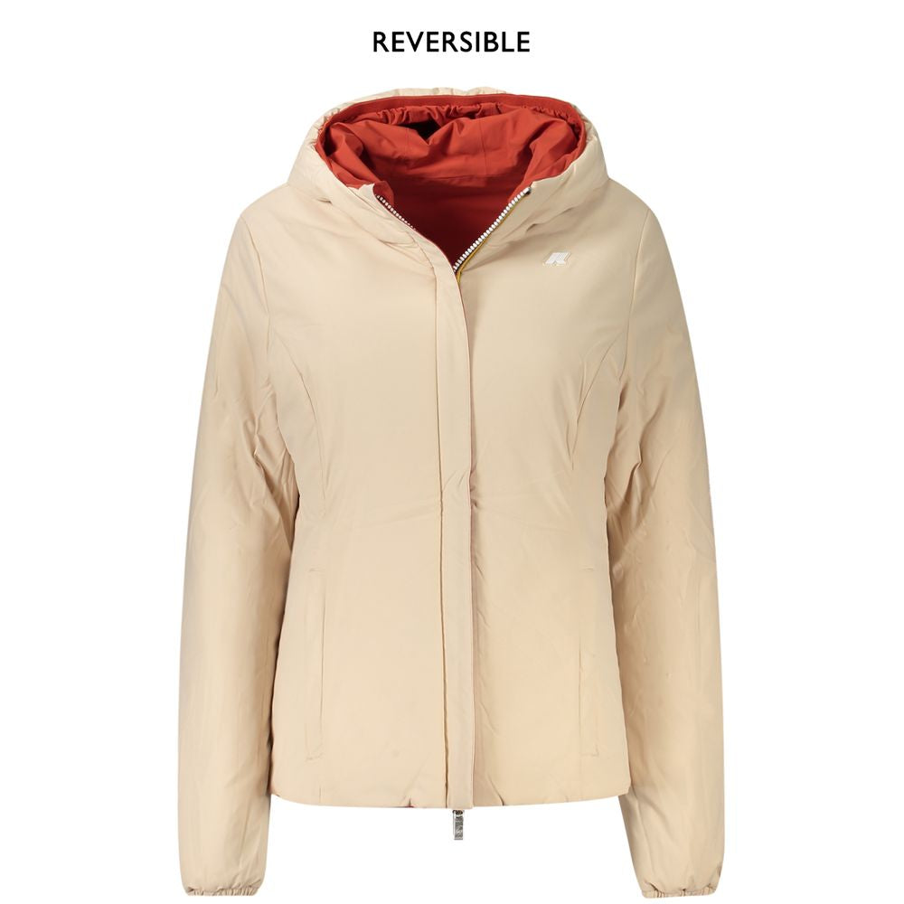 K-WAY reversible hooded jacket in red and pink shades, padded for warmth, stylish urban wear for women, features pockets and contrasting details.
