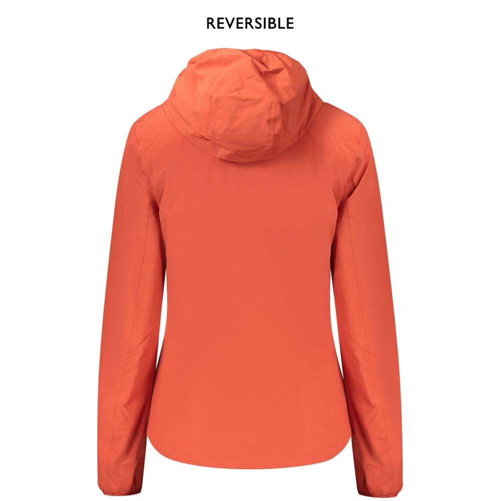 K-WAY red nylon women's reversible jacket, hooded design, shown from the back, urban chic and versatile style.