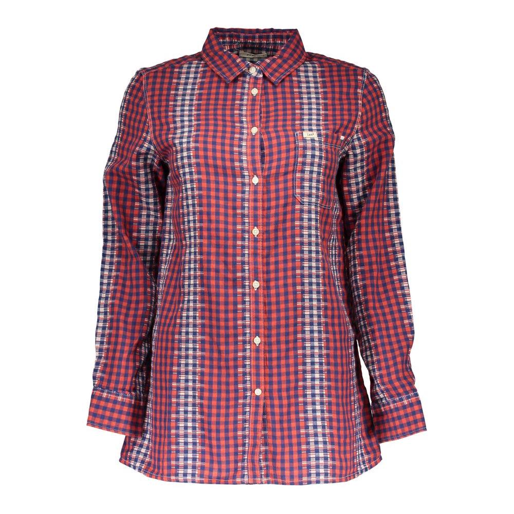 Lee Red Checkered Long Sleeve Men's Shirt, Italian Collar, Button-Down, Single Pocket, Elegant Style