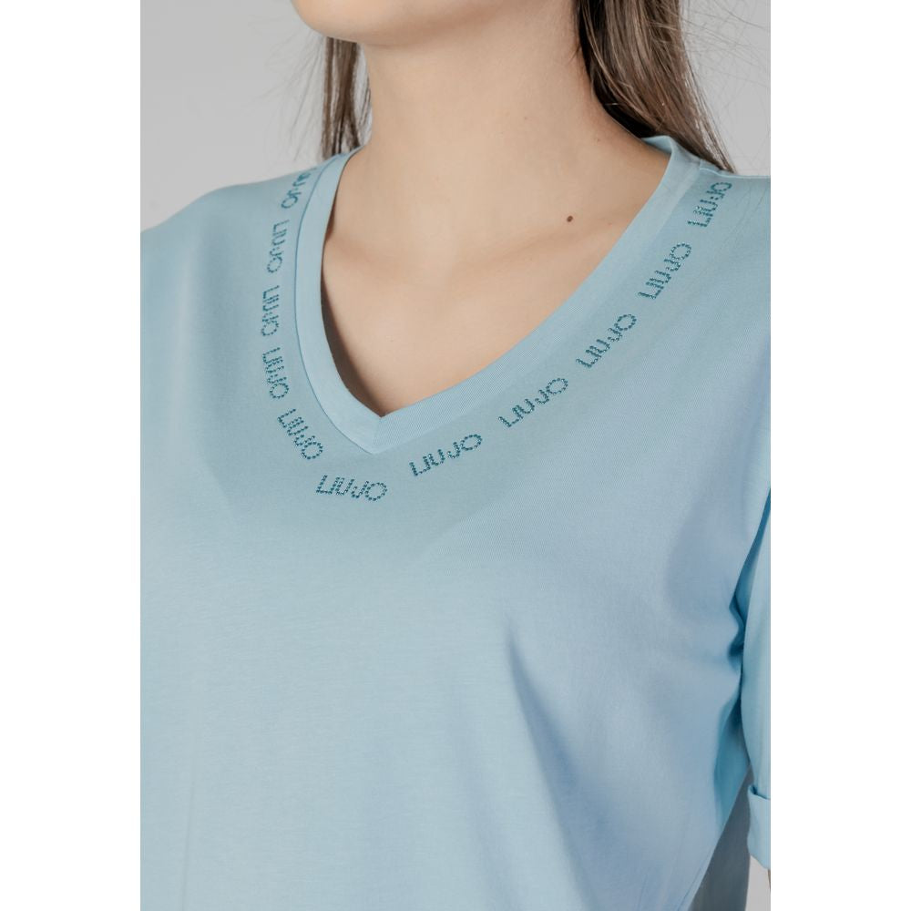 Women's Liu Jo blue cotton short-sleeved T-shirt from the Spring/Summer collection, featuring a V-neck and branded trim.