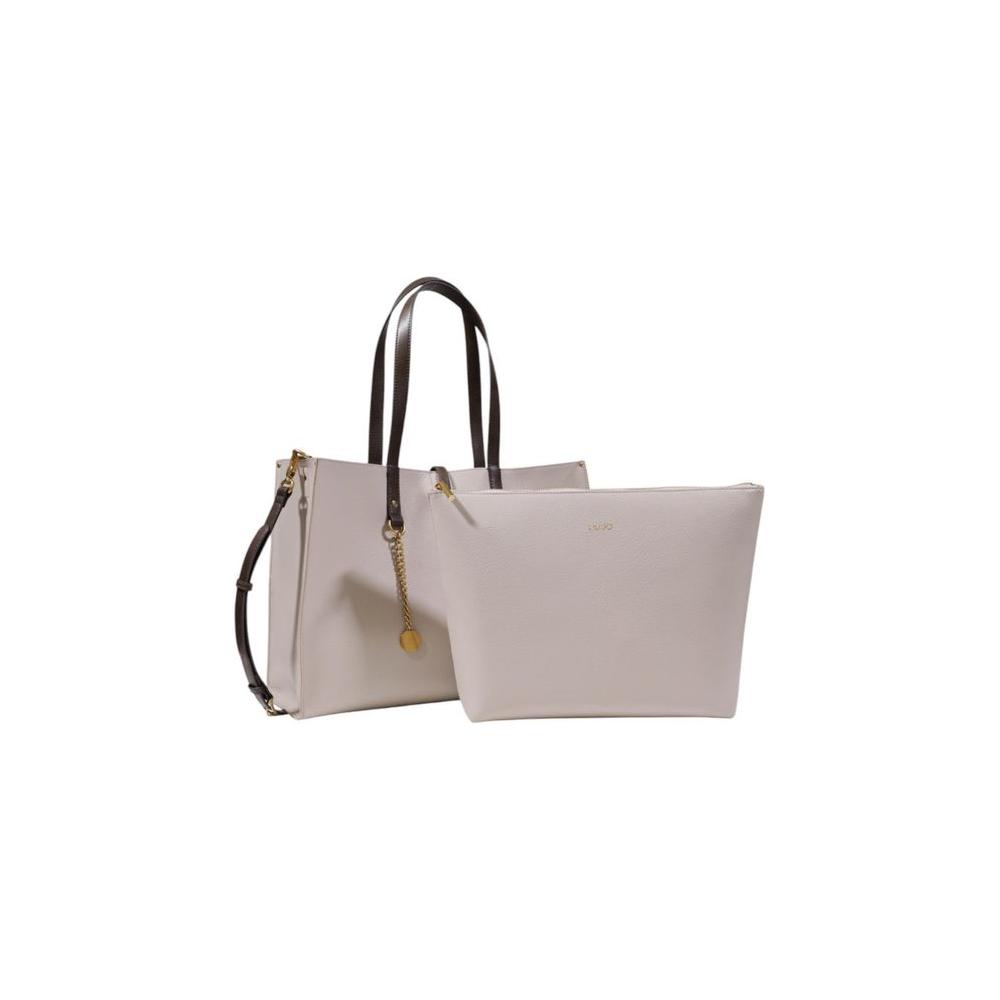 Liu Jo gray polyurethane large handbag set with black handles, perfect for women's fashion. Includes detachable pouch.