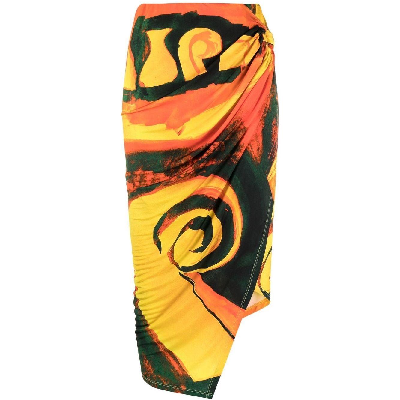 LOUISA BALLOU Coastline wrap skirt in multicolour with abstract pattern, high-waist, ring detail, and asymmetric design, size S.