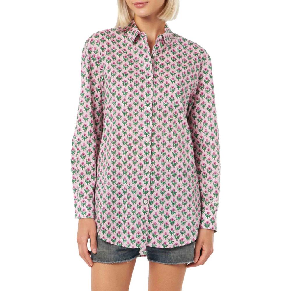 Women's MC2 Saint Barth pink floral print cotton shirt with mother-of-pearl buttons and long sleeves.