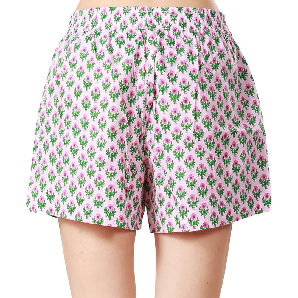 MC2 Saint Barth women's pink floral print cotton shorts with elastic waistband and side pockets, ideal for resort wear and travel.