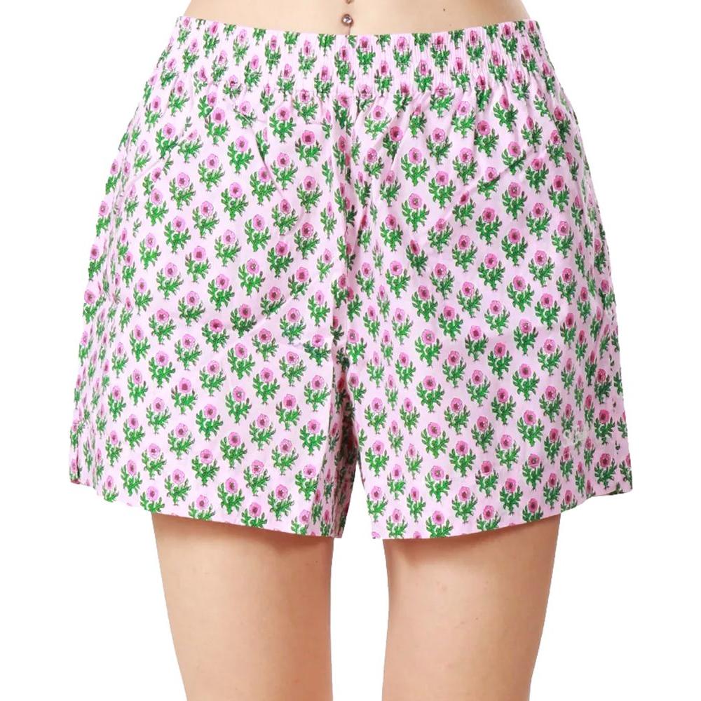 MC2 Saint Barth pink cotton women's shorts with floral print, elastic waistband, and side pockets for a chic, comfortable fit.