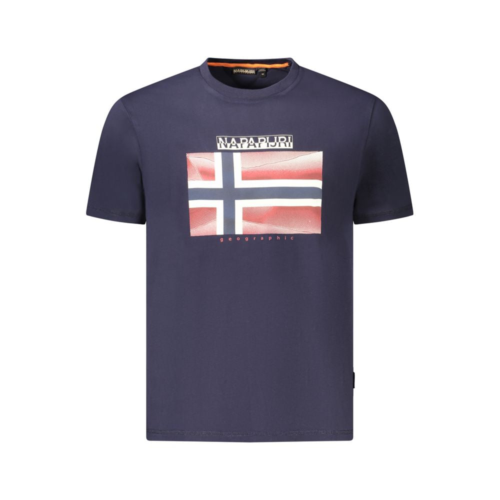 Napapijri blue cotton men's T-shirt featuring a bold logo and flag print, crafted from organic cotton for comfort and style.