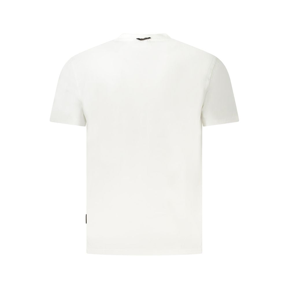 Back view of Napapijri white cotton men's T-shirt, showcasing minimalist design and eco-friendly fabric.
