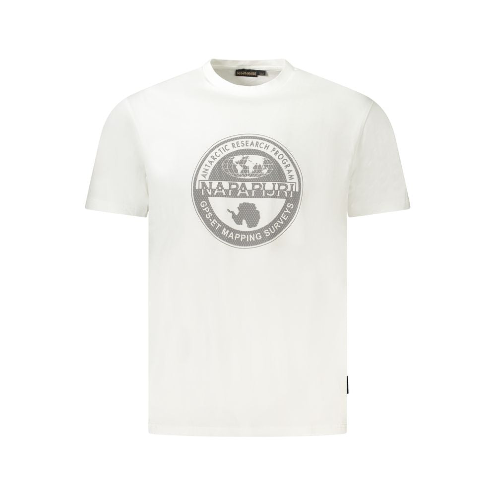 Napapijri white cotton men's T-shirt with logo and print, crafted from organic fabric for style and comfort. Perfect for casual wear.