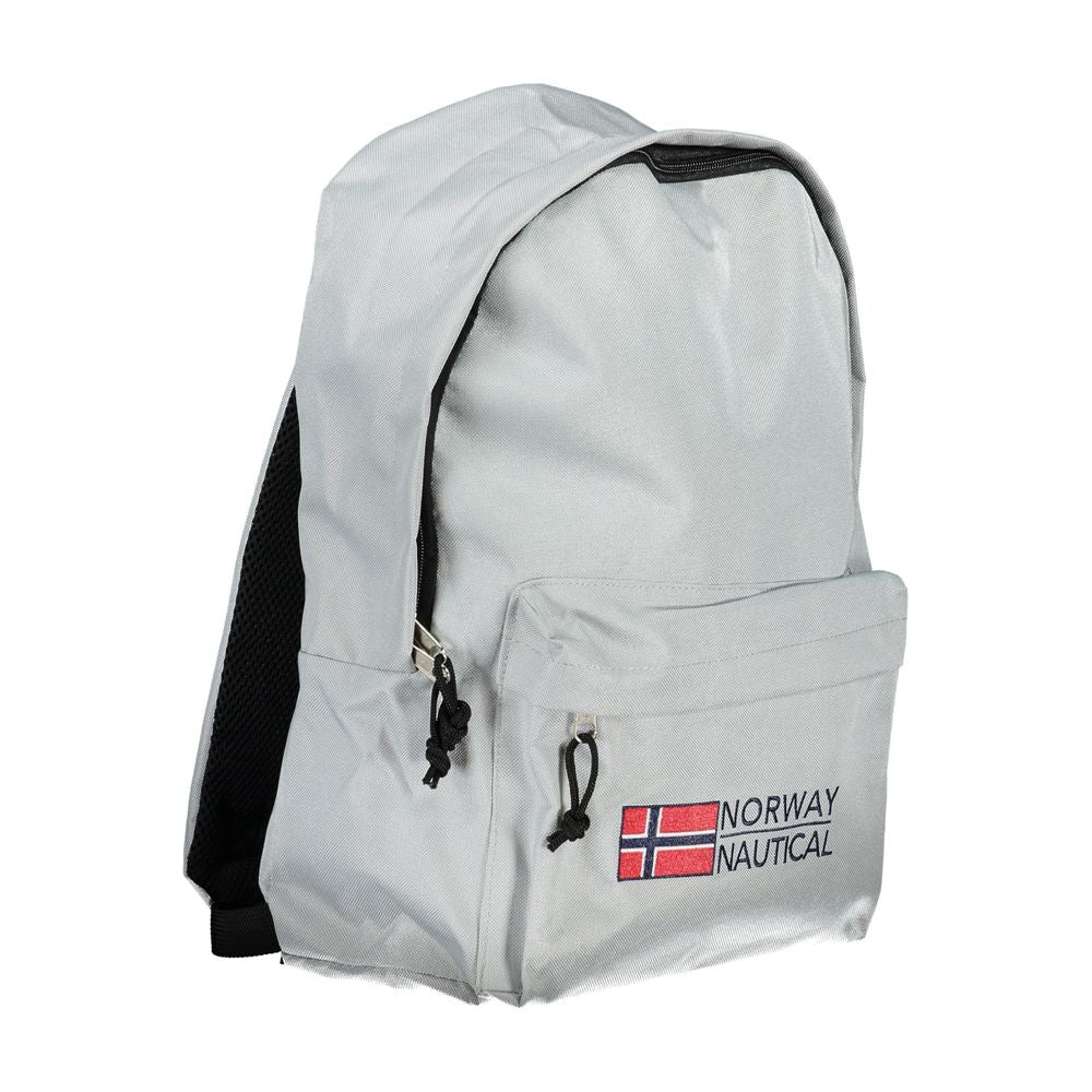 Gray backpack with Norway Nautical logo embroidery, featuring external pockets and black adjustable straps, perfect for travel and daily use.