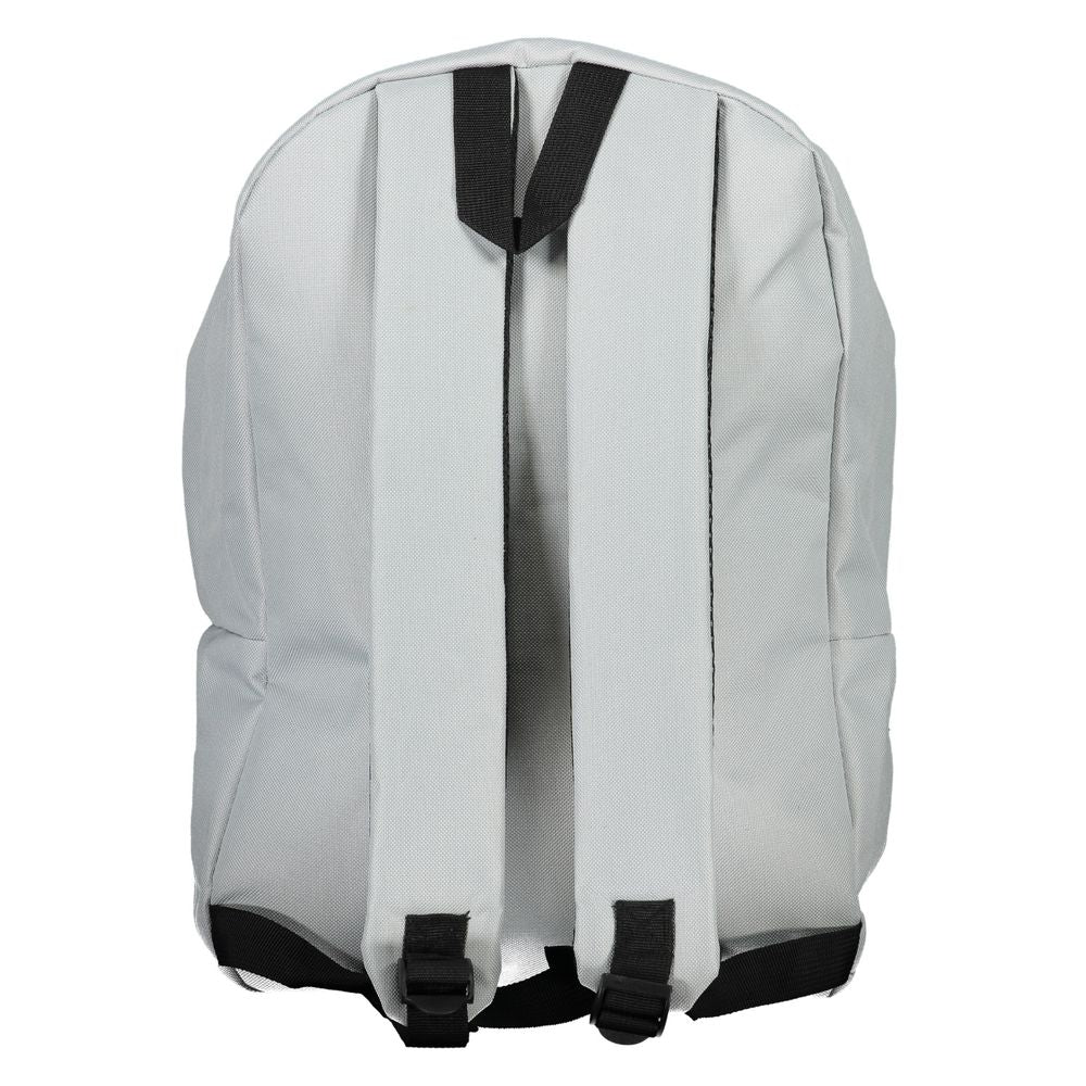 Alt Tag: White backpack with black adjustable straps, rear view, showcasing simple and sleek design for versatile use.