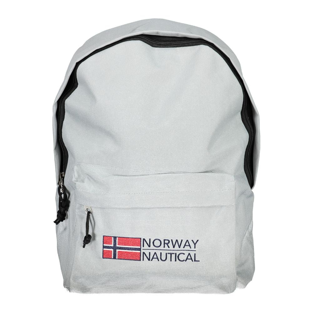 White backpack with 'Norway Nautical' text and red Norwegian flag design on the front pocket.