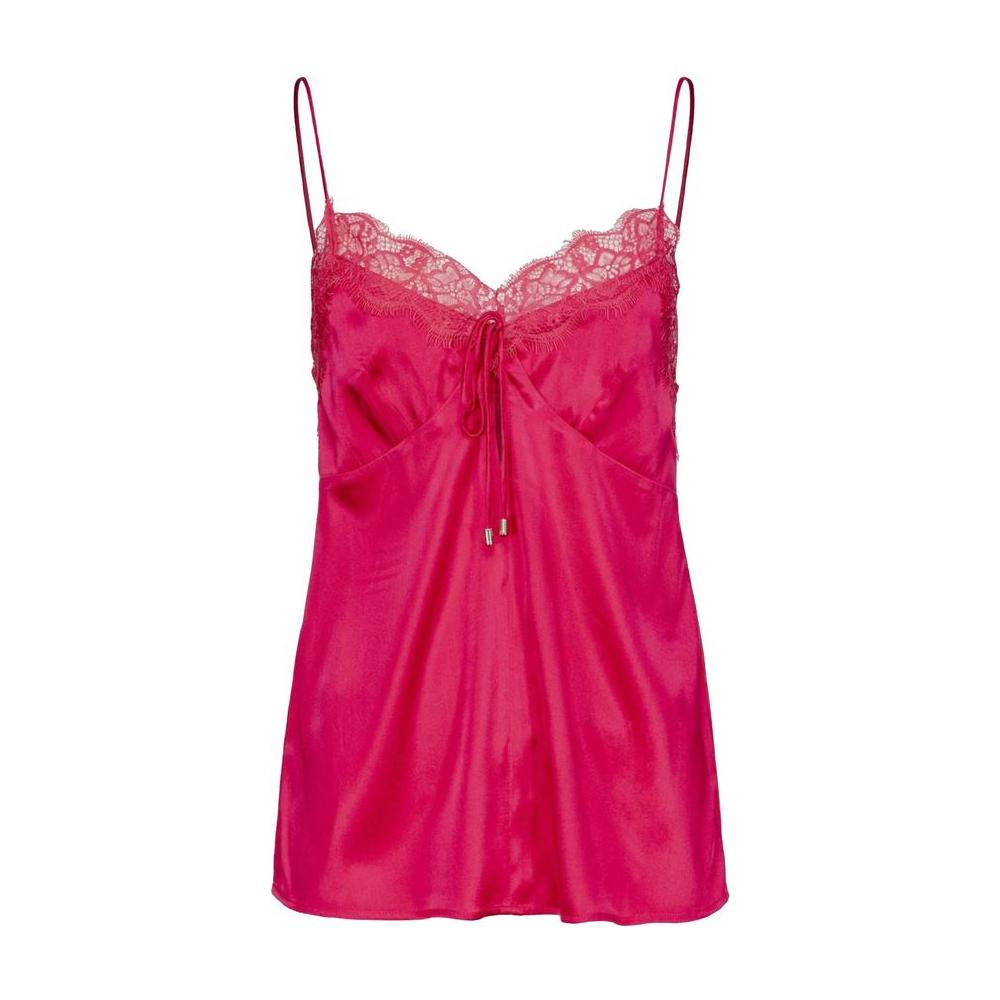 PINKO fuchsia silk top with adjustable straps, featuring satin and lace design, perfect for elegant and stylish wear.