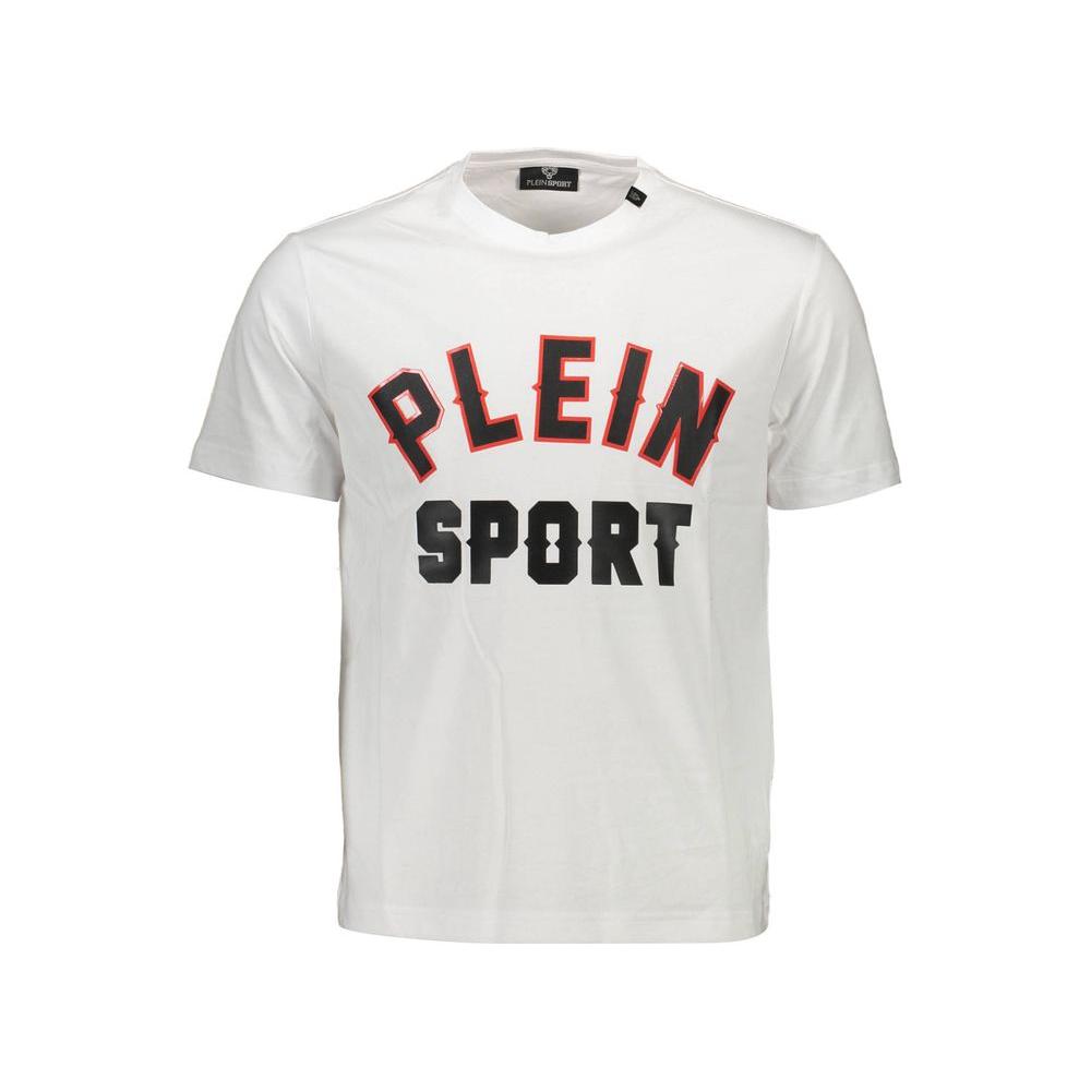 Plein Sport white cotton men’s t-shirt with bold logo, crew neck, and sporty stylish design. Perfect for casual fashion enthusiasts.