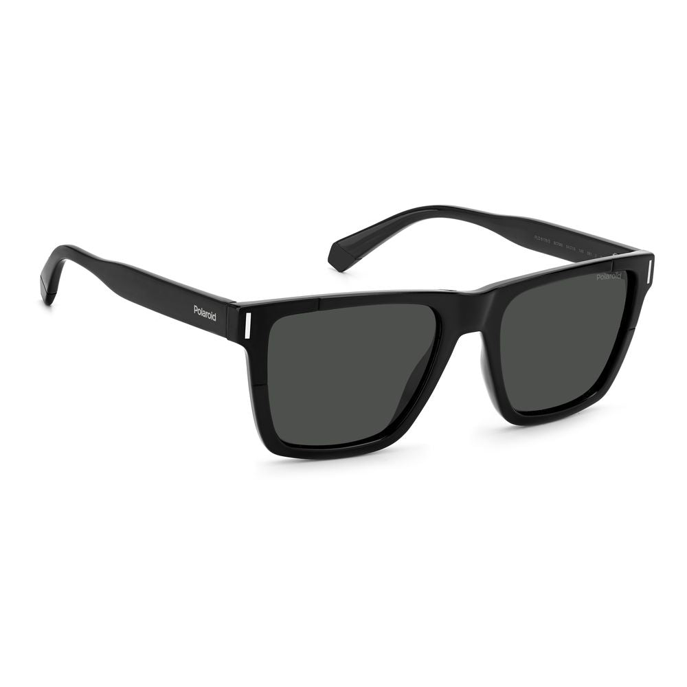 Polaroid black plastic sunglasses with polarized gray lenses, square frame, metal rivets, 54/19/145mm size.