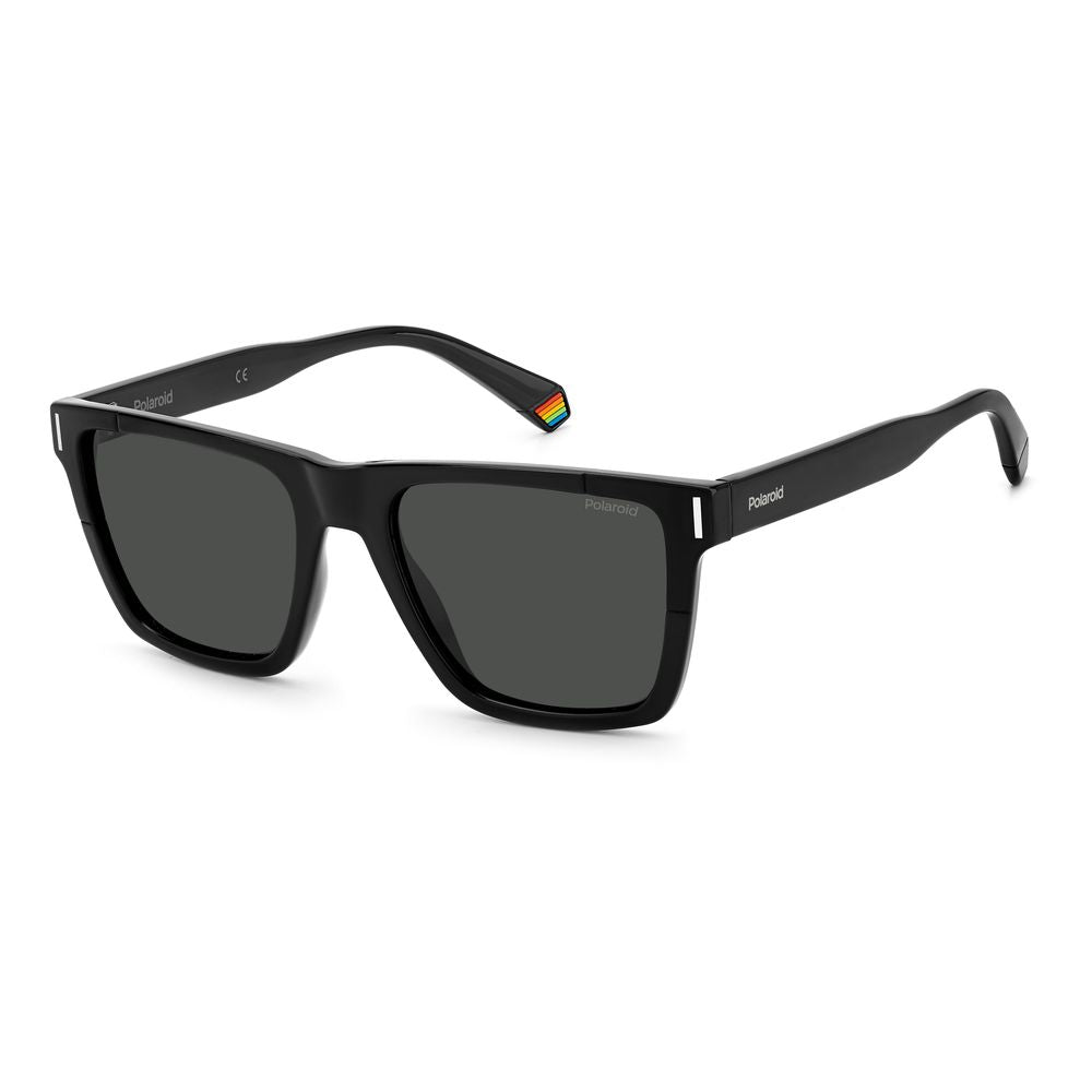 Polaroid black plastic sunglasses with square design, polarized gray lenses, and metal rivets, 54/19/145 mm dimensions.