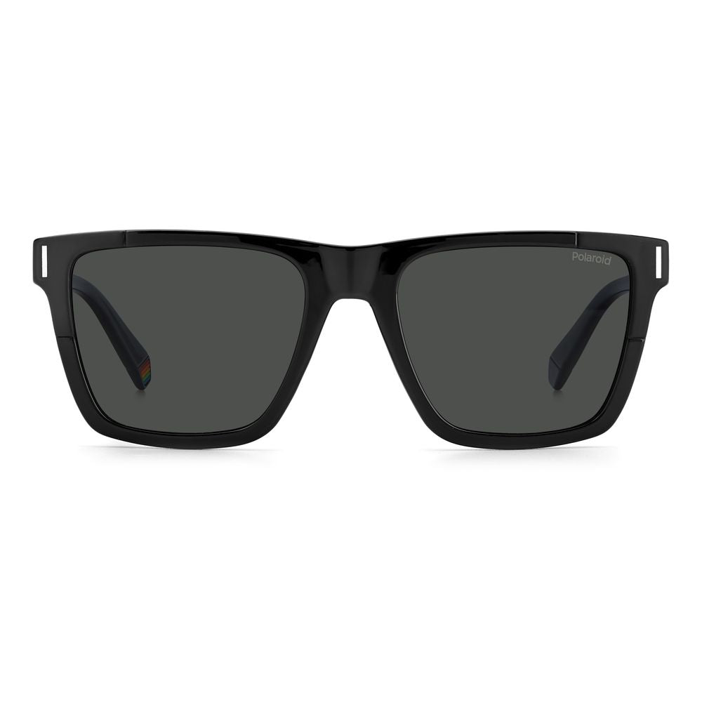 Polaroid black plastic sunglasses with matte square frame, polarized gray lenses, metal rivets, and narrow temples, size 54/19/145mm.