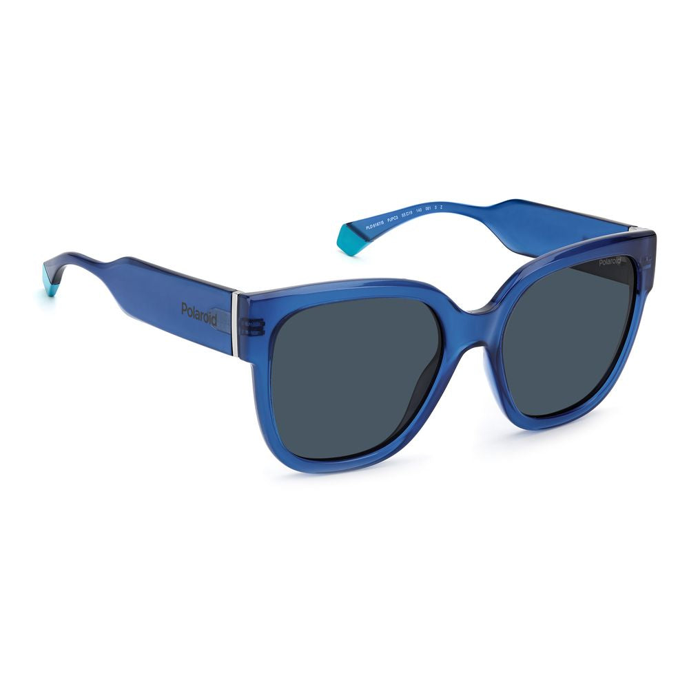 Polaroid blue plastic sunglasses for women, 55/19/140mm, with polarized lenses and square frame, featuring rainbow accent on temples.