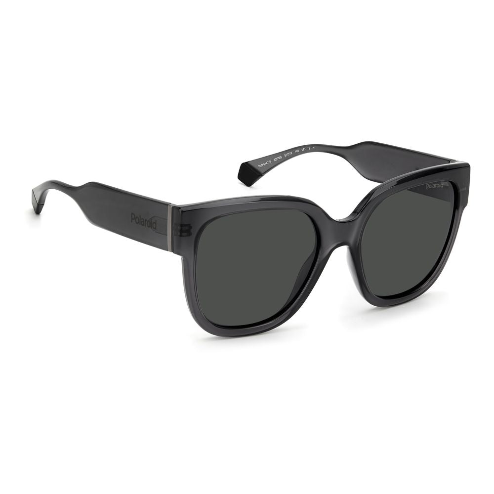 Polaroid gray plastic women's sunglasses featuring large square frames and rainbow-accented temples, model PLD6167SKB7M9.