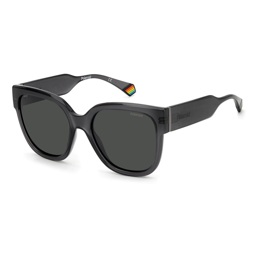 Polaroid gray plastic sunglasses for women with large square frame and rainbow accent, model PLD6167SKB7M9, polarized lenses, size 55/19/140mm.