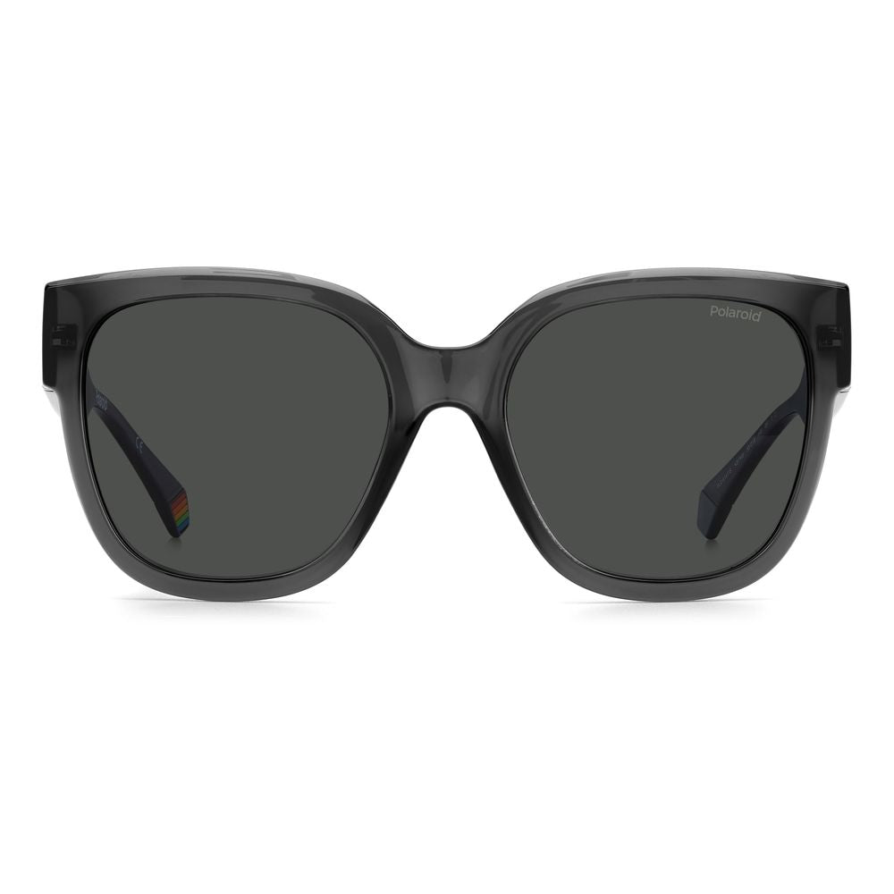 Polaroid gray plastic sunglasses with polarized lenses, large square frames, and colored temples, ideal for women.