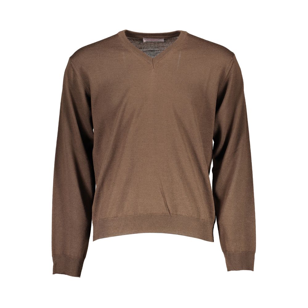 Romeo Gigli brown wool V-neck men's sweater, Italian craftsmanship, versatile and sophisticated fashion piece.