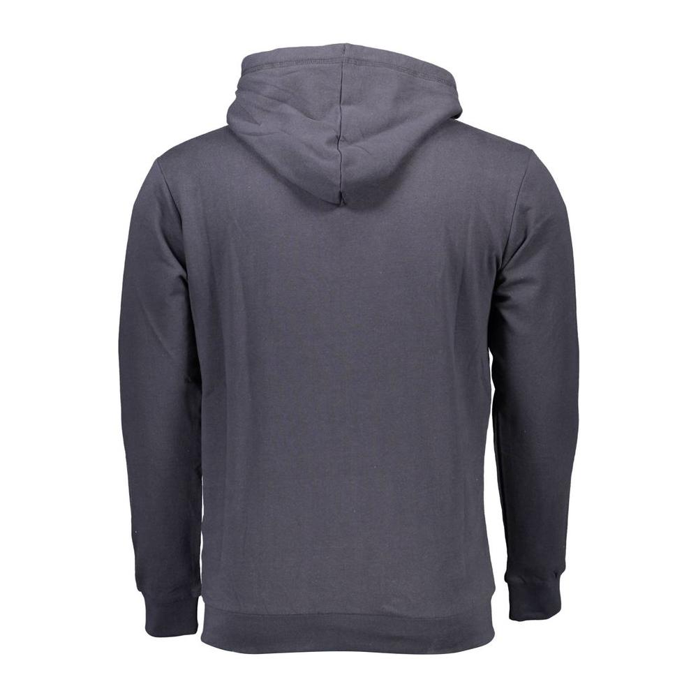 Back view of a Sergio Tacchini blue cotton men’s sweater with hood, showcasing sleek design and sophistication.