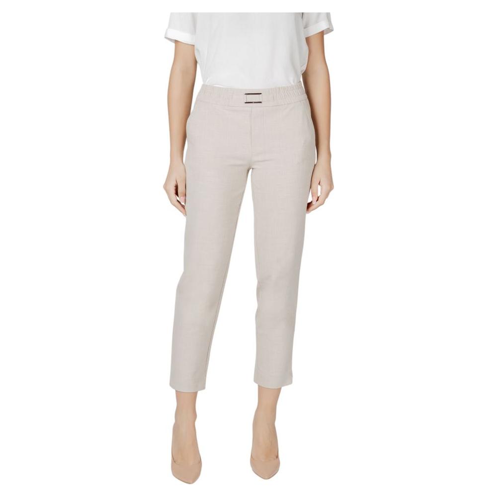Street One beige viscose trousers with buckle belt, regular fit for women, stylish and comfortable for all-day wear.