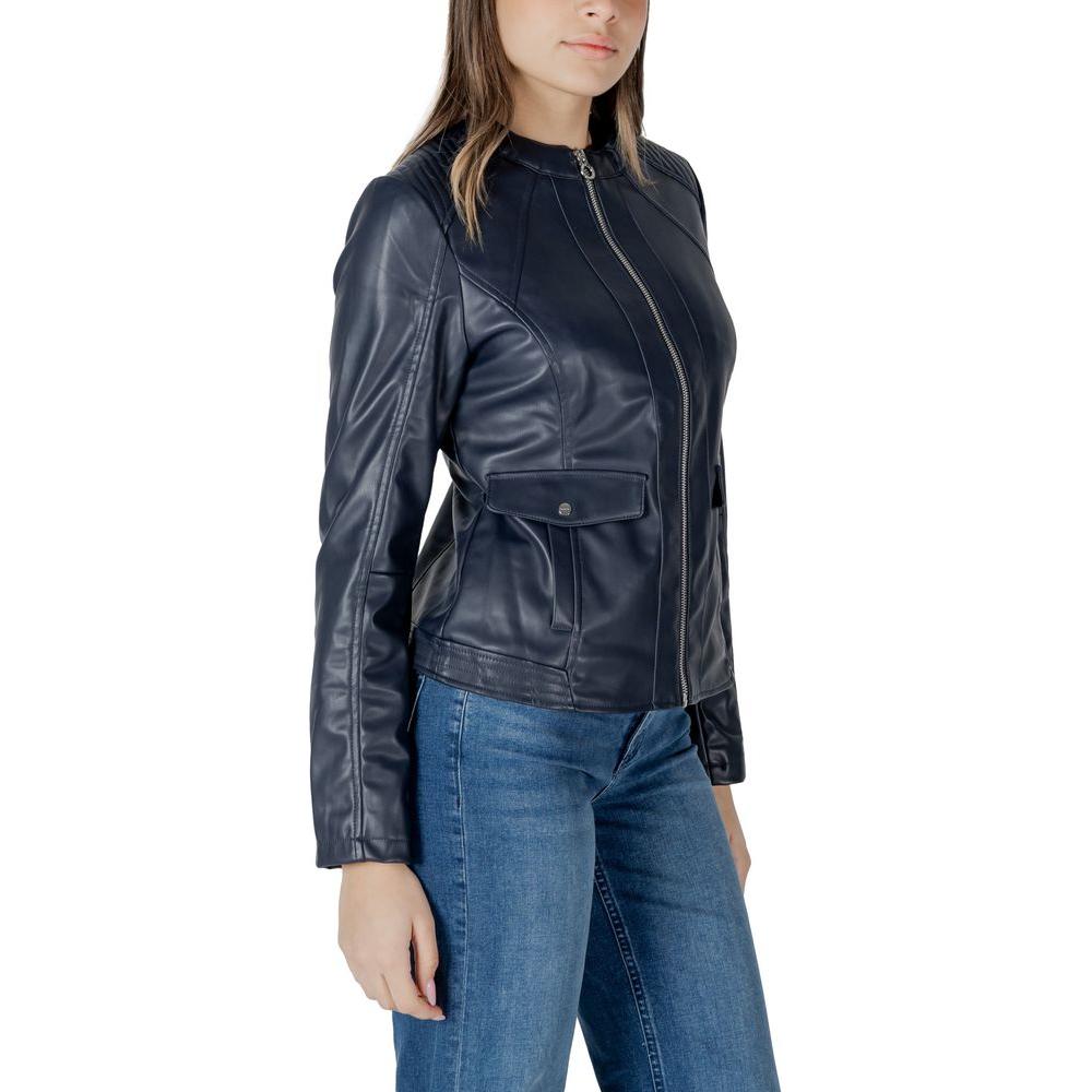 Women's black polyester street jacket by Street One, side view, featuring long sleeves and front pockets, perfect for casual outings.
