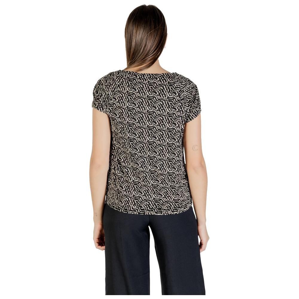 Back view of Street One black viscose short-sleeved blouse with printed design, worn by woman; lightweight and stylish for any occasion.