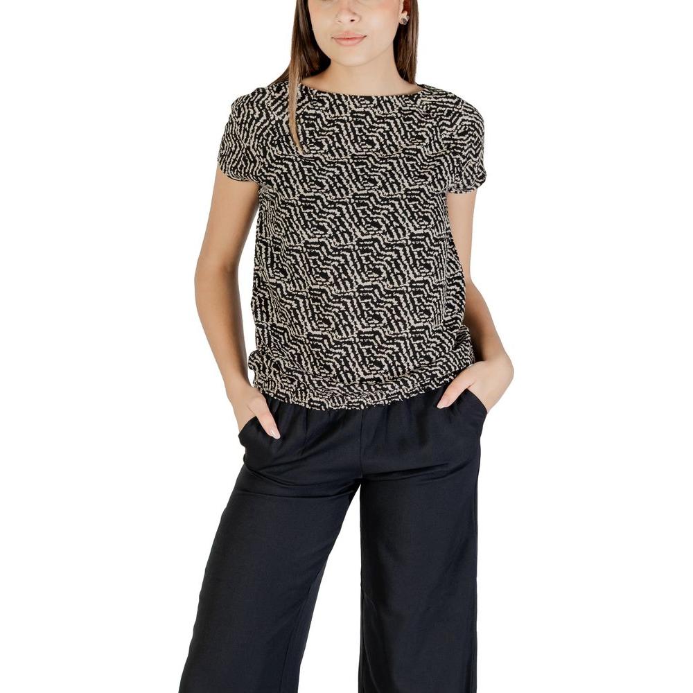 Woman wearing Street One black viscose shirt with short sleeves and printed design for a stylish look.