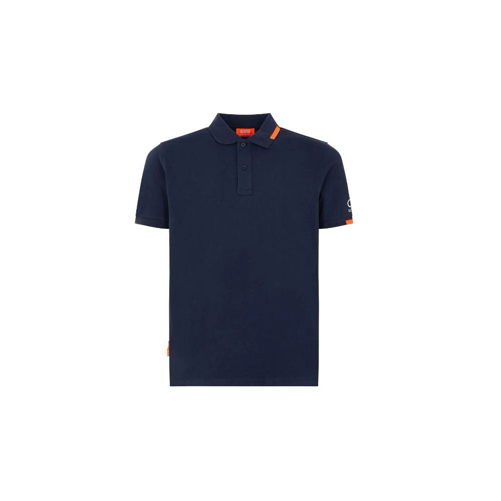Suns blue cotton polo shirt with ribbed collar, front button closure, and logo on left sleeve, ideal for casual and semi-formal wear.