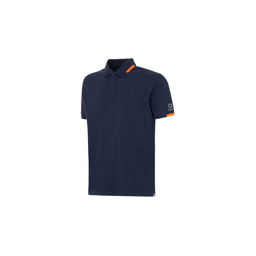 Suns blue cotton polo shirt with ribbed collar, logo on sleeve, and front button closure, ideal for casual wear.