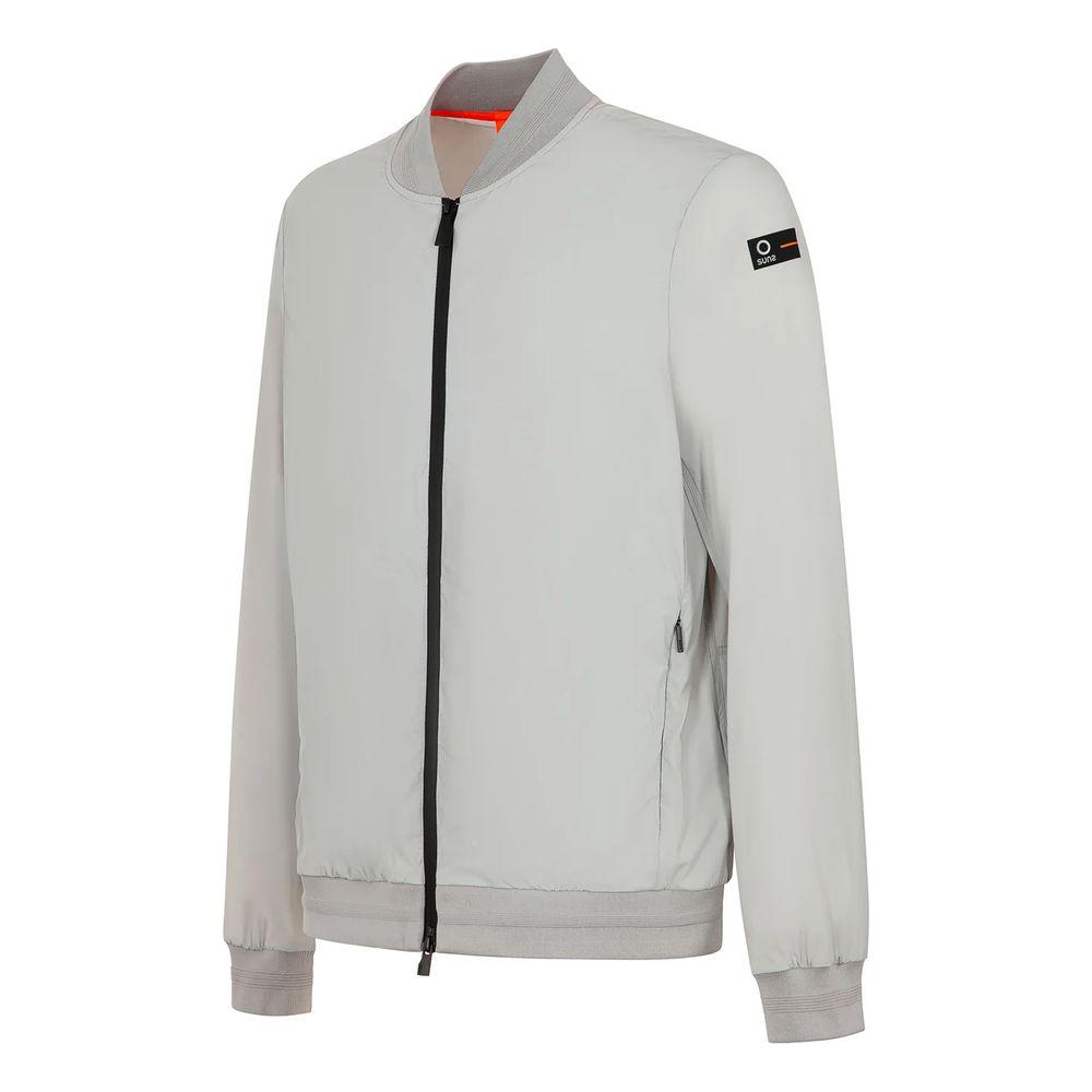 Suns Gray Nylon Men's Jacket with 4-pocket design, elasticated cuffs, versatile ice-gray hue, and technical stretch fabric.