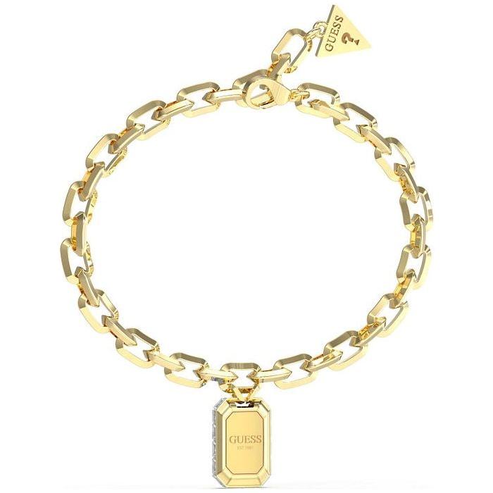 Gold Guess jewelry bracelet with chain design and logo pendant.