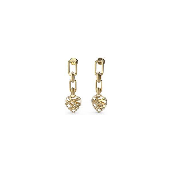 GUESS Jewels gold chain earrings with heart design, model JUBE03096JWYGT-U, elegant jewelry accessory for women.