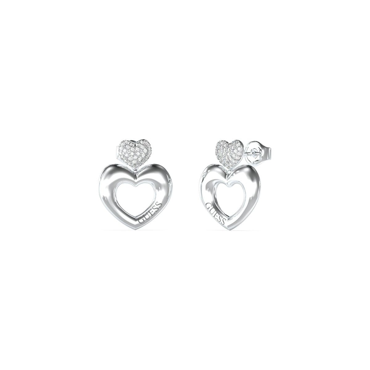Silver heart-shaped earrings by Guess Jewels with crystal accents, perfect for adding elegance to any outfit.