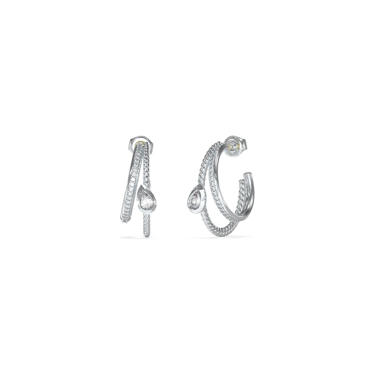 GUESS Jewels silver hoop earrings with textured design and teardrop pendant, model JUBE05244JWRHT-U, elegant and stylish jewelry.