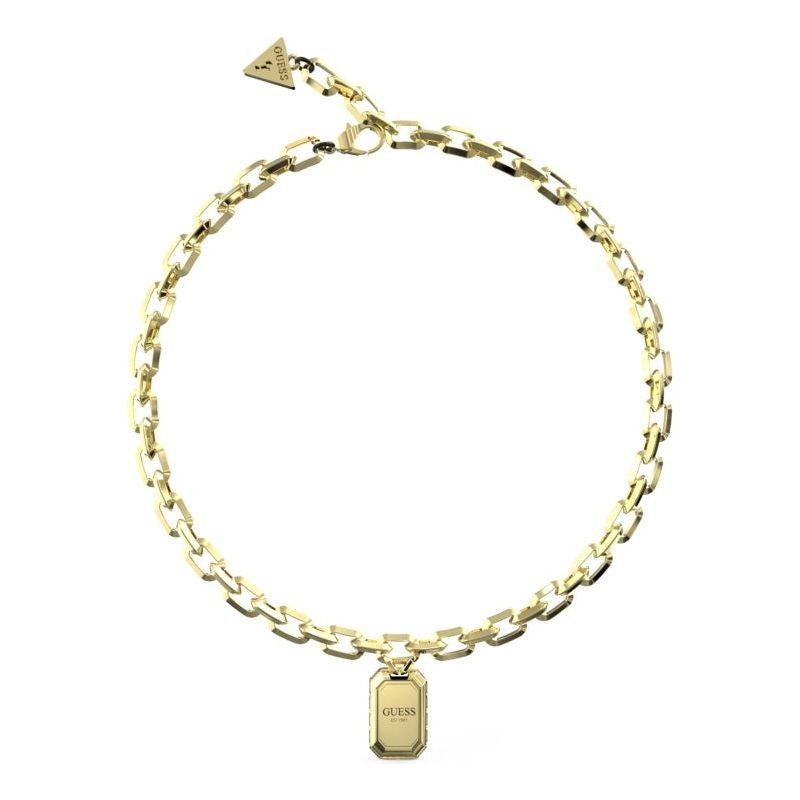 Guess Jewels gold necklace with rectangular pendant and adjustable chain, model JUBN04260JWYGT-U, elegant design.