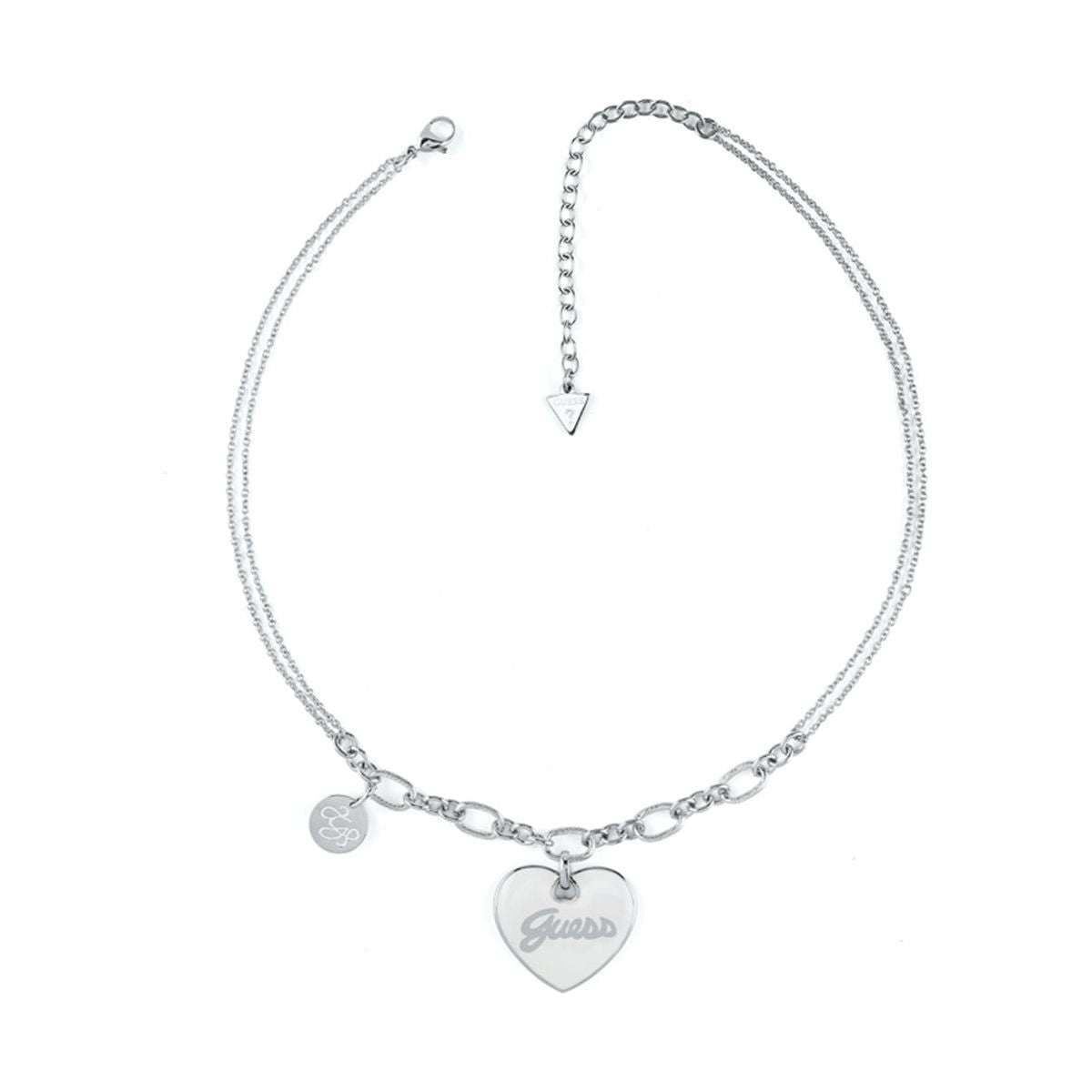 Silver Guess Jewels heart necklace with logo charm, adjustable chain, and elegant design for a stylish, modern look.