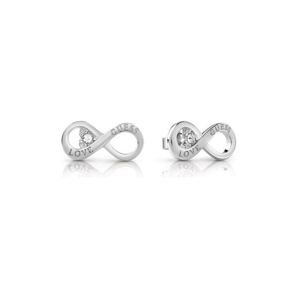 GUESS Jewels jewelry UBE85010 infinity symbol earrings with cubic zirconia, featuring 'Love' inscription; elegant silver design.