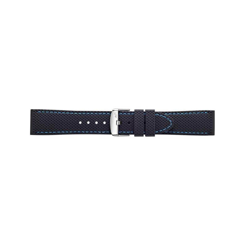 MORELLATO black leather watch strap with blue stitching, model A01X5275187865CR22, made in Italy.