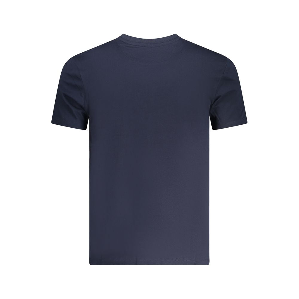 Timberland blue cotton men’s T-shirt, rear view showcasing short sleeves and crew neck design.