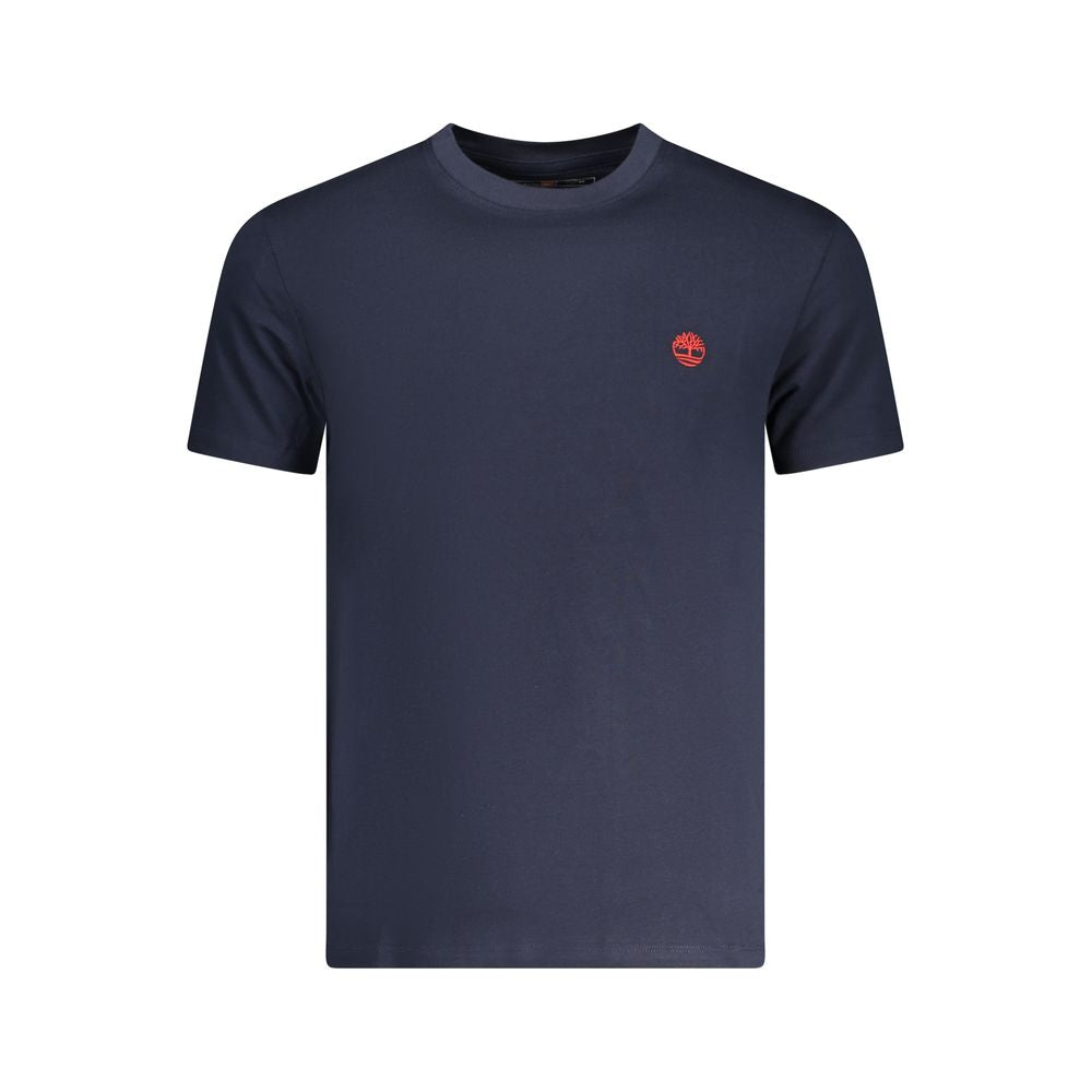 Timberland blue cotton men's T-shirt with crew neck and logo embroidery, offering a slim fit for casual style and comfort.