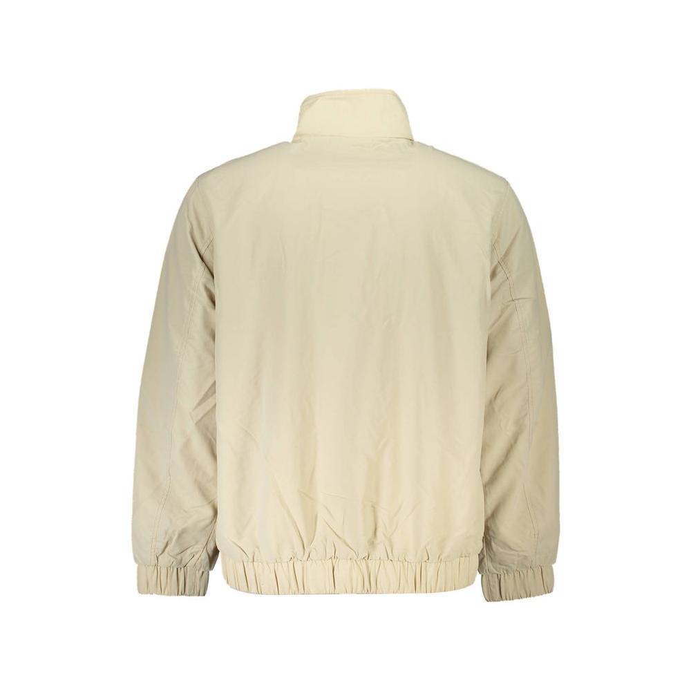 Back view of Tommy Hilfiger beige recycled nylon men's jacket with elastic cuffs and waist, sustainable fashion.